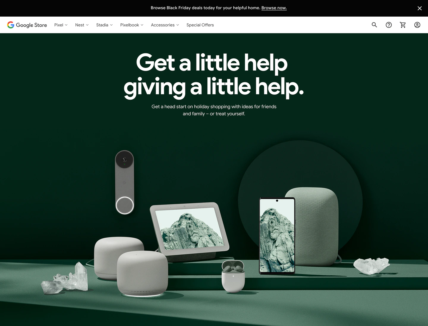 Google Store holiday campaign with Google products on a deep green set.