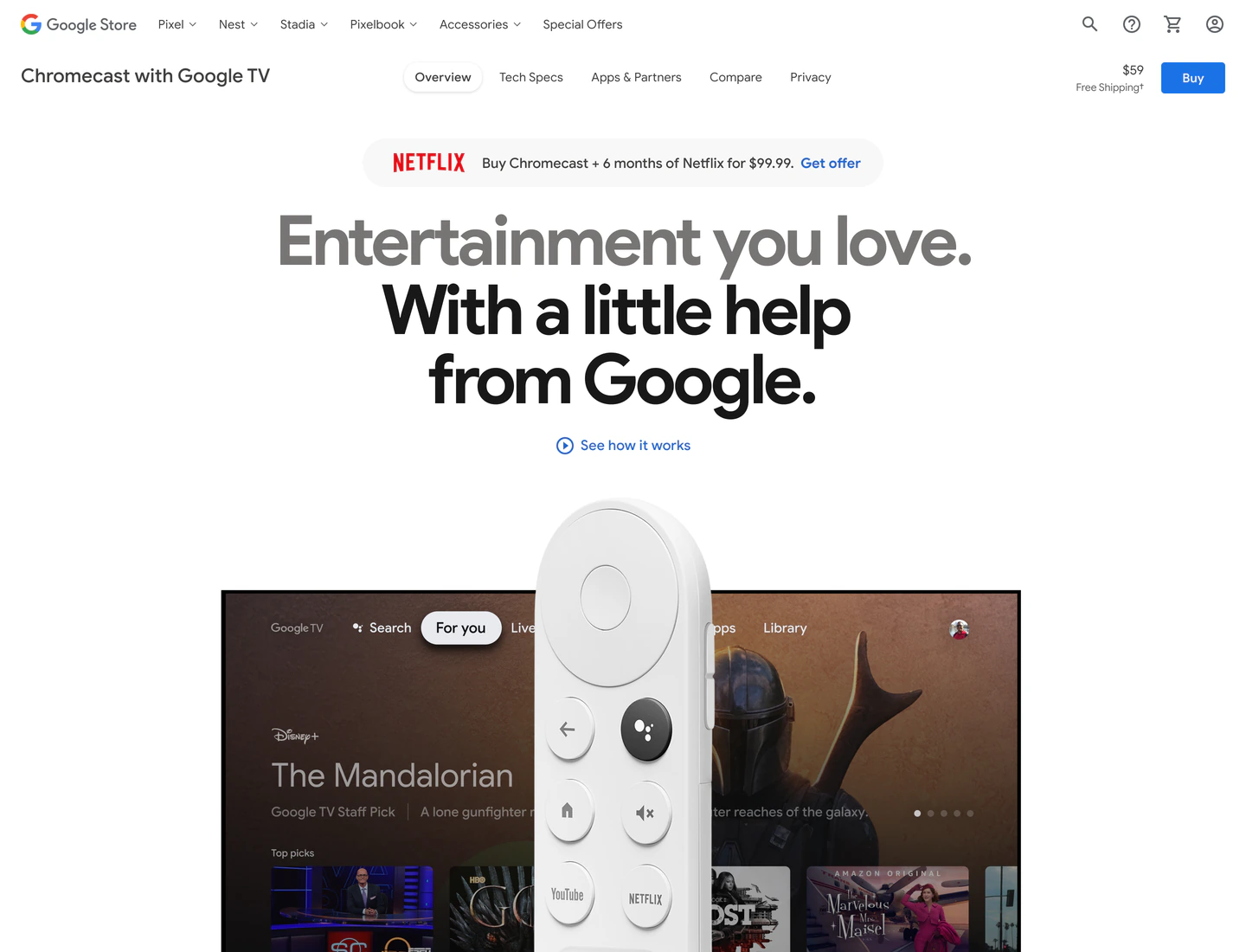 Chromecast with Google TV page featuring the voice remote and entertainment interface.