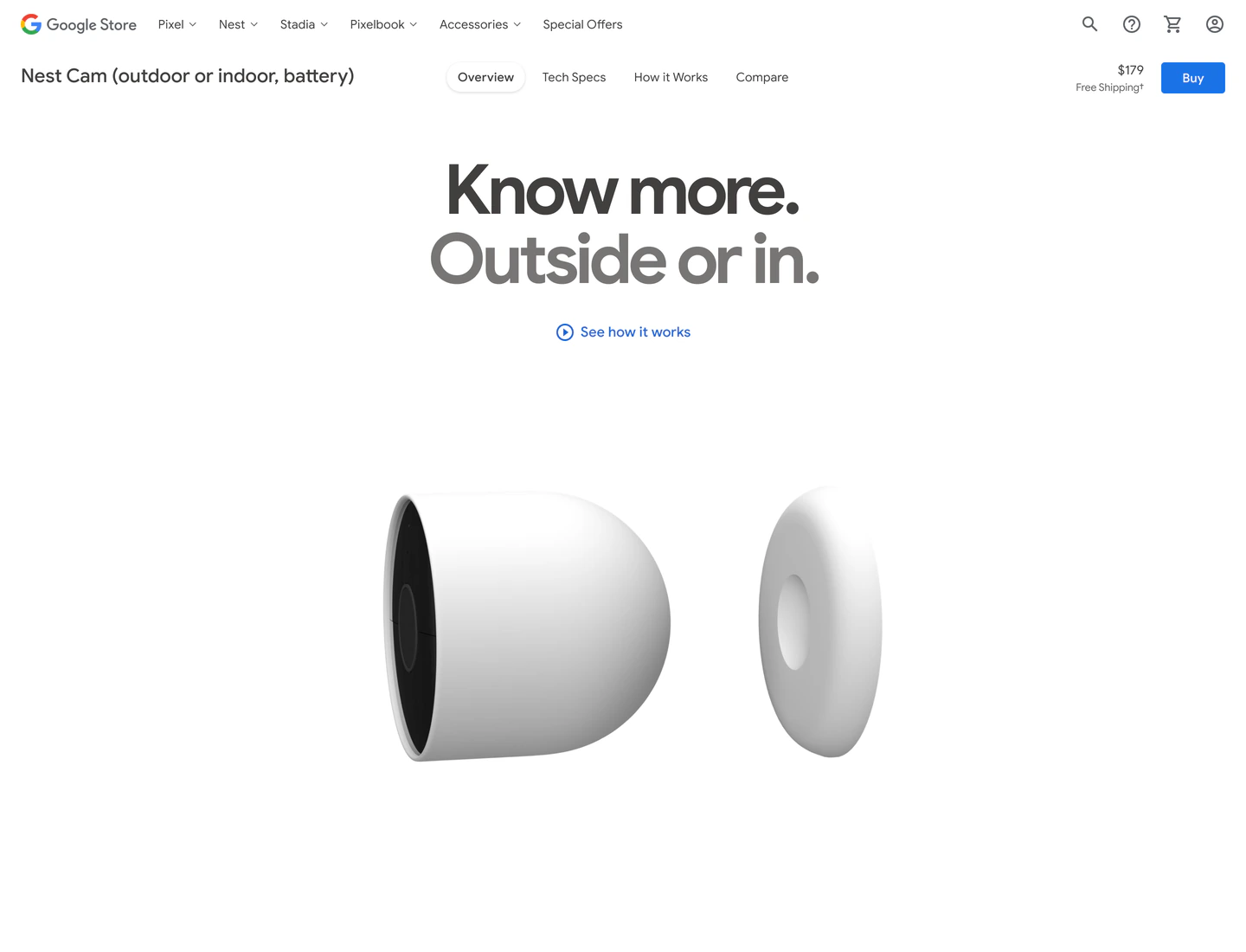Nest Cam battery camera product page with the headline “Know more. Outside or in.”