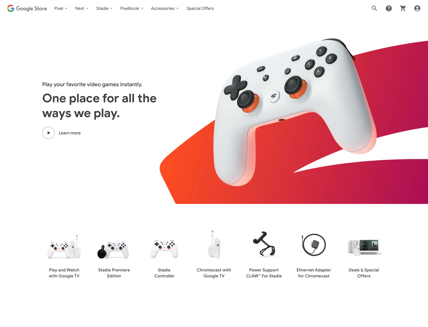Google Store Stadia page with a white controller over the red Stadia graphic.